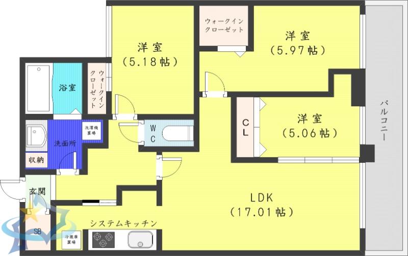 YAMAHANA CITY.STELLA(3LDK/2階)の間取り写真