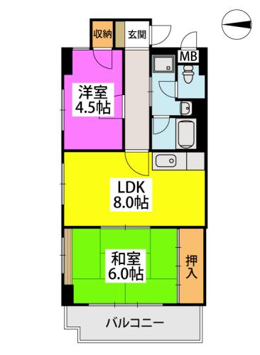 サンライズ荒木駅前(2LDK/4階)の間取り写真