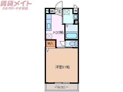 ラフィネ大安B棟(1K/2階)の間取り写真