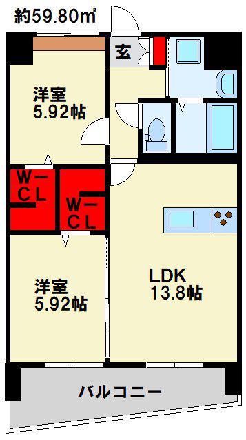THE SQUARE・GLORY RESIDENCE(2LDK/9階)の間取り写真