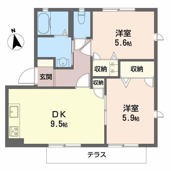 シェーンヴィラK&M1 D棟(2DK/1階)の間取り写真