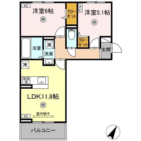 セジュールオッツ長嶺(2LDK/2階)の間取り写真