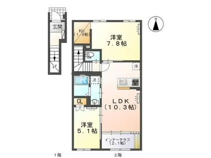 北方町中島字東郷AP(2LDK/2階)の間取り写真