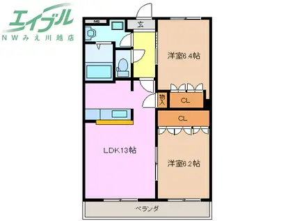 グランディールコートB(2LDK/2階)の間取り写真