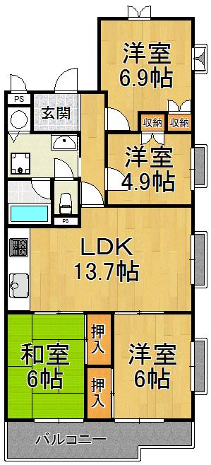 日興宝塚東スカイマンション(4LDK/3階)の間取り写真
