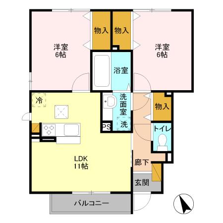 パセオフロレスタB105(2LDK/1階)の間取り写真