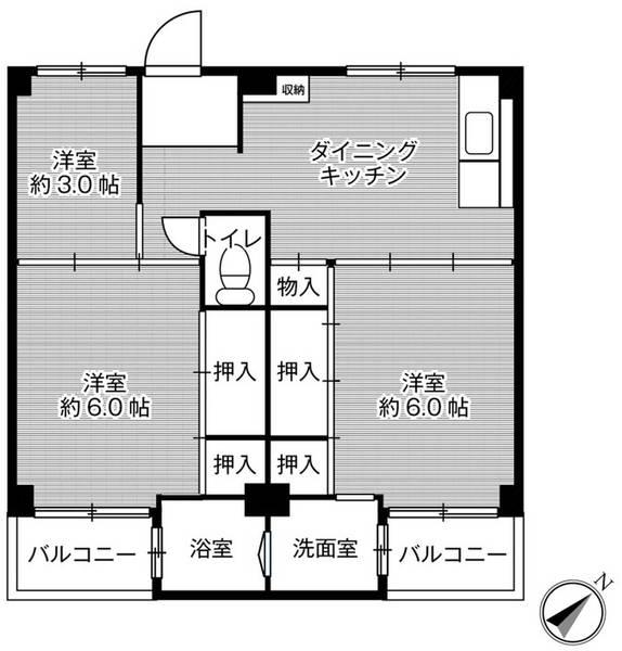ビレッジハウス倉治2号棟(3DK/3階)の間取り写真