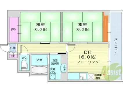 ベルソーレ木ノ下(2DK/10階)の間取り写真
