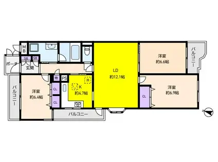 ロイヤル芦屋川(3LDK/1階)の間取り写真