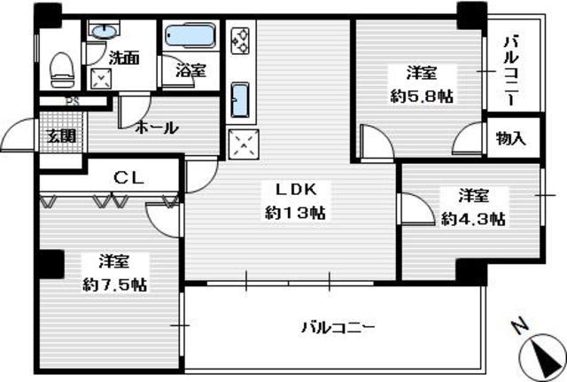ガーデンハイム狭山A棟(3LDK/3階)の間取り写真