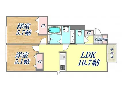 チェリーハウス2 B棟(2LDK/1階)の間取り写真
