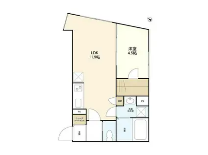 ウェルスクエアイズム三軒茶屋(1LDK/1階)の間取り写真