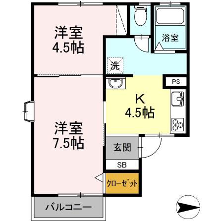 エルひょうたん山B棟(2K/1階)の間取り写真