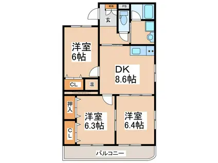 グランドハイツ北上田(3DK/1階)の間取り写真