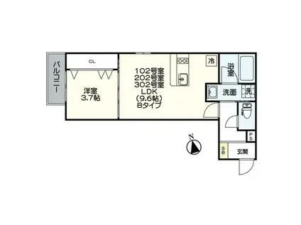 ジュネス宝生町(1LDK/3階)の間取り写真