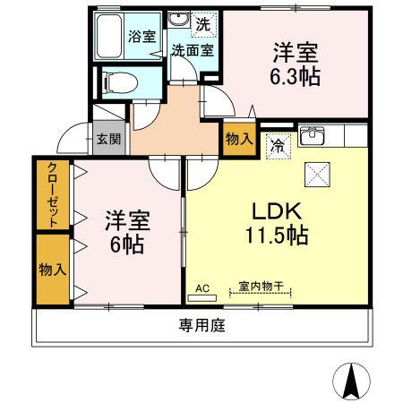 ヴィルヌーブマスダ B棟(2LDK/1階)の間取り写真
