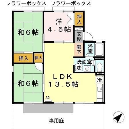 シティーハウス ウエハラ B棟(3LDK/1階)の間取り写真