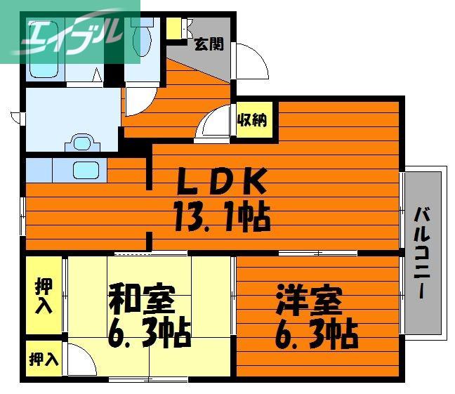 コーポアルカディアA棟(2LDK/1階)の間取り写真