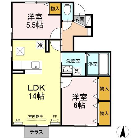 リビングタウン浜田C(2LDK/1階)の間取り写真
