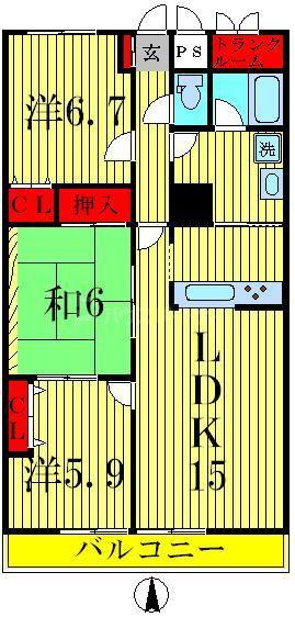 グレース白鳥(3LDK/3階)の間取り写真