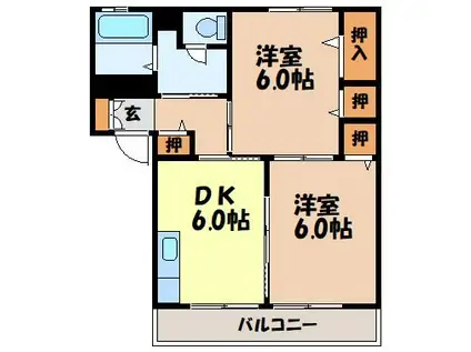 ディアスドミール D棟(2DK/1階)の間取り写真