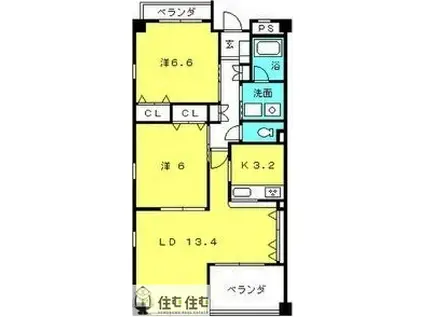 リジェールB棟(2LDK/2階)の間取り写真