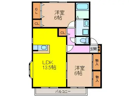 スカイプラザ宇梶C棟(2LDK/2階)の間取り写真