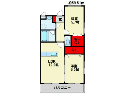 医生ヶ丘ヴァレンシア B棟(2LDK/3階)の間取り写真