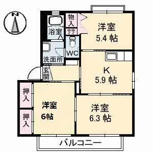 サンクレストA・B棟(3K/2階)の間取り写真