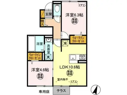 ボヌール B棟(2LDK/1階)の間取り写真