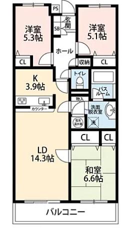 アーバンライフ曳馬I(3LDK/5階)の間取り写真