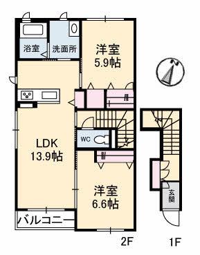 シャーメゾンタウン倉敷運動公園前 A(2LDK/2階)の間取り写真