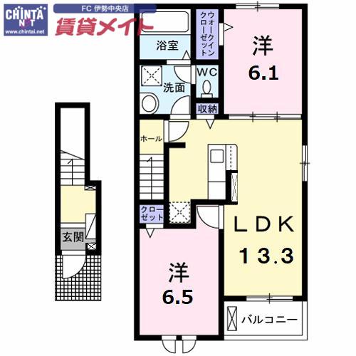 ＪＲ参宮線 五十鈴ケ丘駅 徒歩12分 2階建 築1年(2LDK/2階)の間取り写真