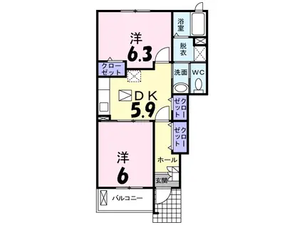 アバンツァート 1番館(2LDK/2階)の間取り写真