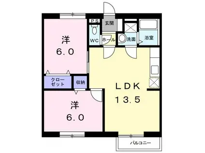 ディアコートB(2LDK/1階)の間取り写真