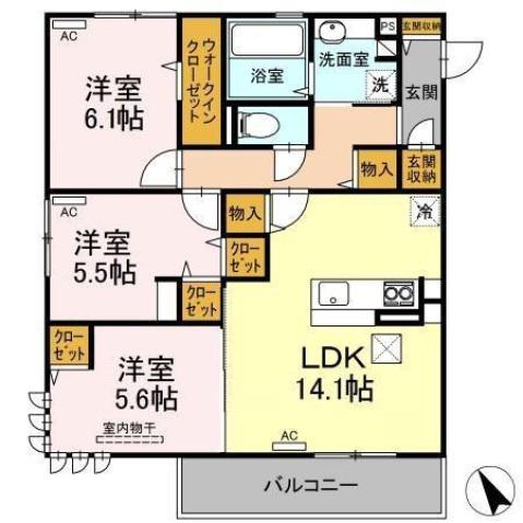 ヴィアレッタ福石(3LDK/2階)の間取り写真