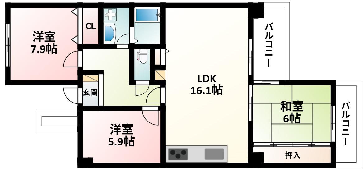 アーバンパーク緑地公園(3LDK/2階)の間取り写真