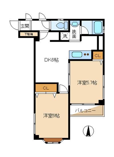 ベルエトワール(2DK/2階)の間取り写真