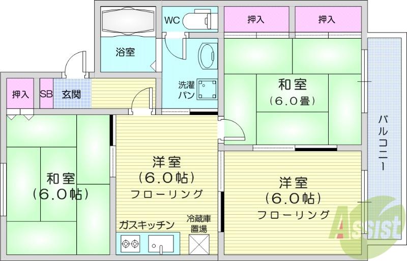 ロイヤルコート文化町Ⅱ番館(3DK/2階)の間取り写真
