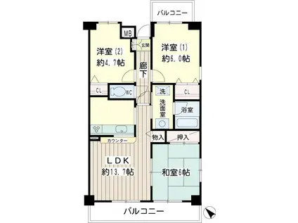 北寺尾大滝マンション(3LDK/4階)の間取り写真