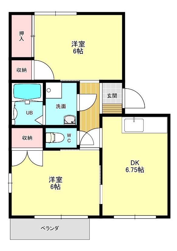 ユースヒルズB棟(2DK/1階)の間取り写真
