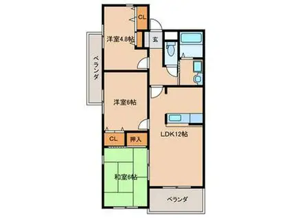 DEN.DEN星ヶ丘(3LDK/2階)の間取り写真