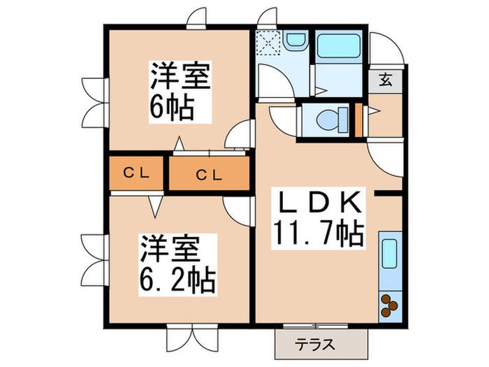 ソシエール若草台II(2LDK/1階)の間取り写真