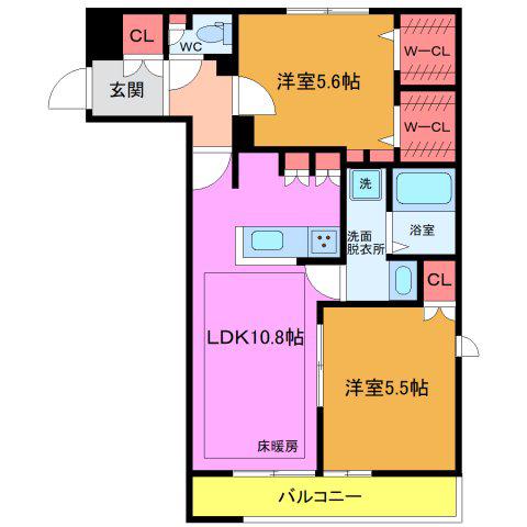 クレ ド ボヌール(2LDK/3階)の間取り写真
