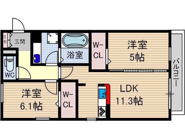 モナルダ東宮(2LDK/1階)の間取り写真