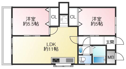 ラムール星陵台(2LDK/3階)の間取り写真