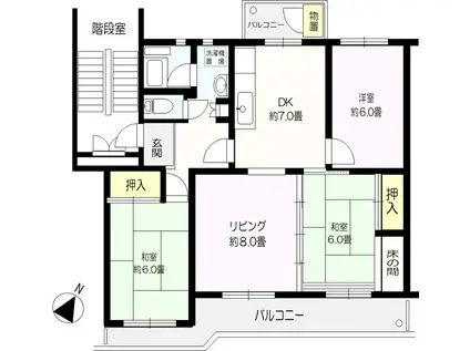 ＪＲ京葉線 検見川浜駅 徒歩9分 5階建 築47年(3LDK/4階)の間取り写真