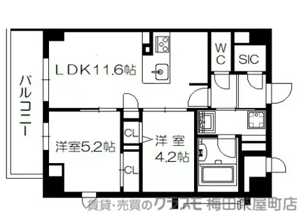 セントリヴィエ大阪梅田(2LDK/2階)の間取り写真