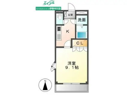 アシューレB(1K/2階)の間取り写真