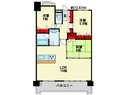サンライフ折尾クレアール(3LDK/4階)の間取り写真
